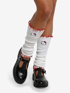 Hello Kitty Cream Ribbed Legwarmers with Red Ruffle Trim